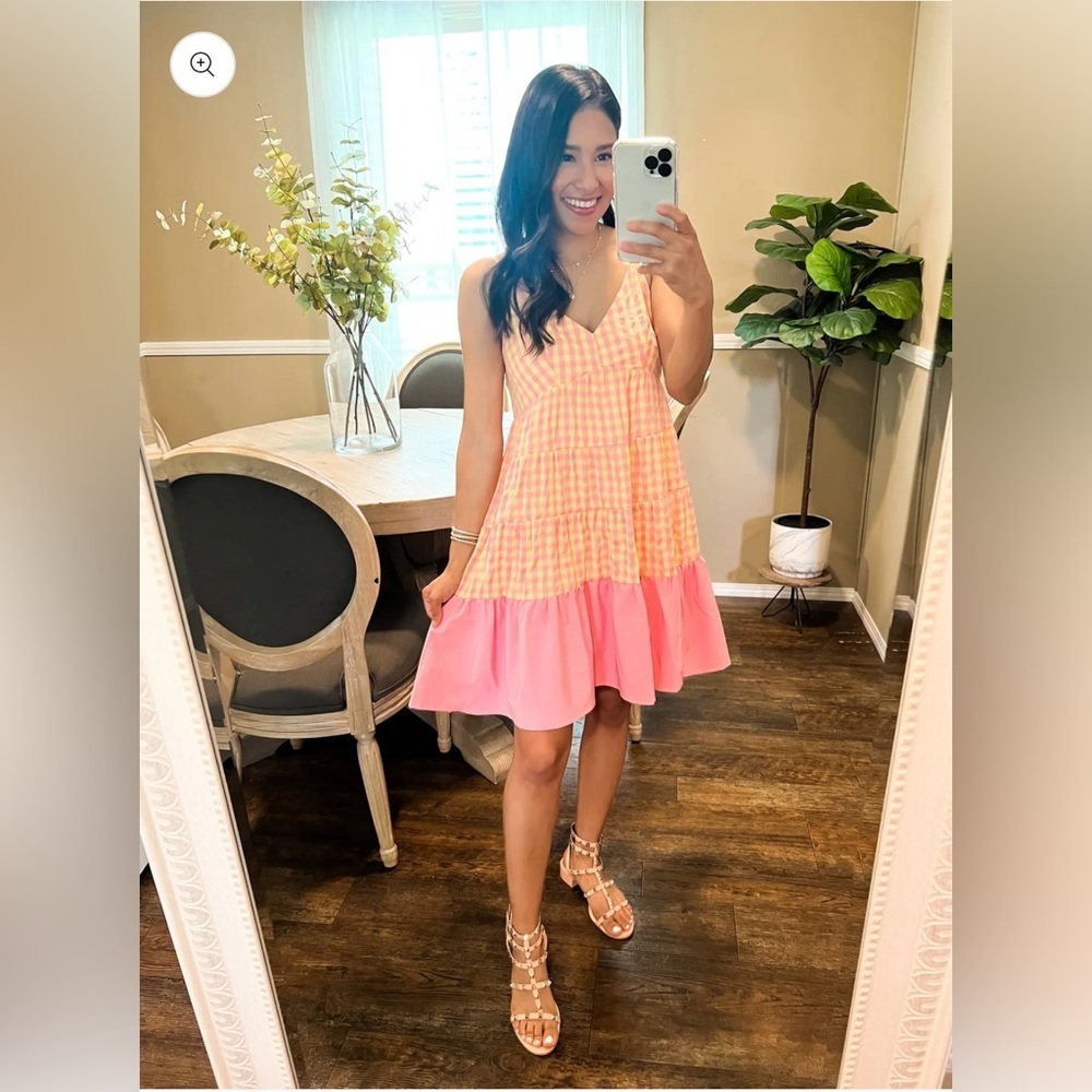 NWT Entro, boutique brand. Pink and yellow plaid sundress with smocking. Large.